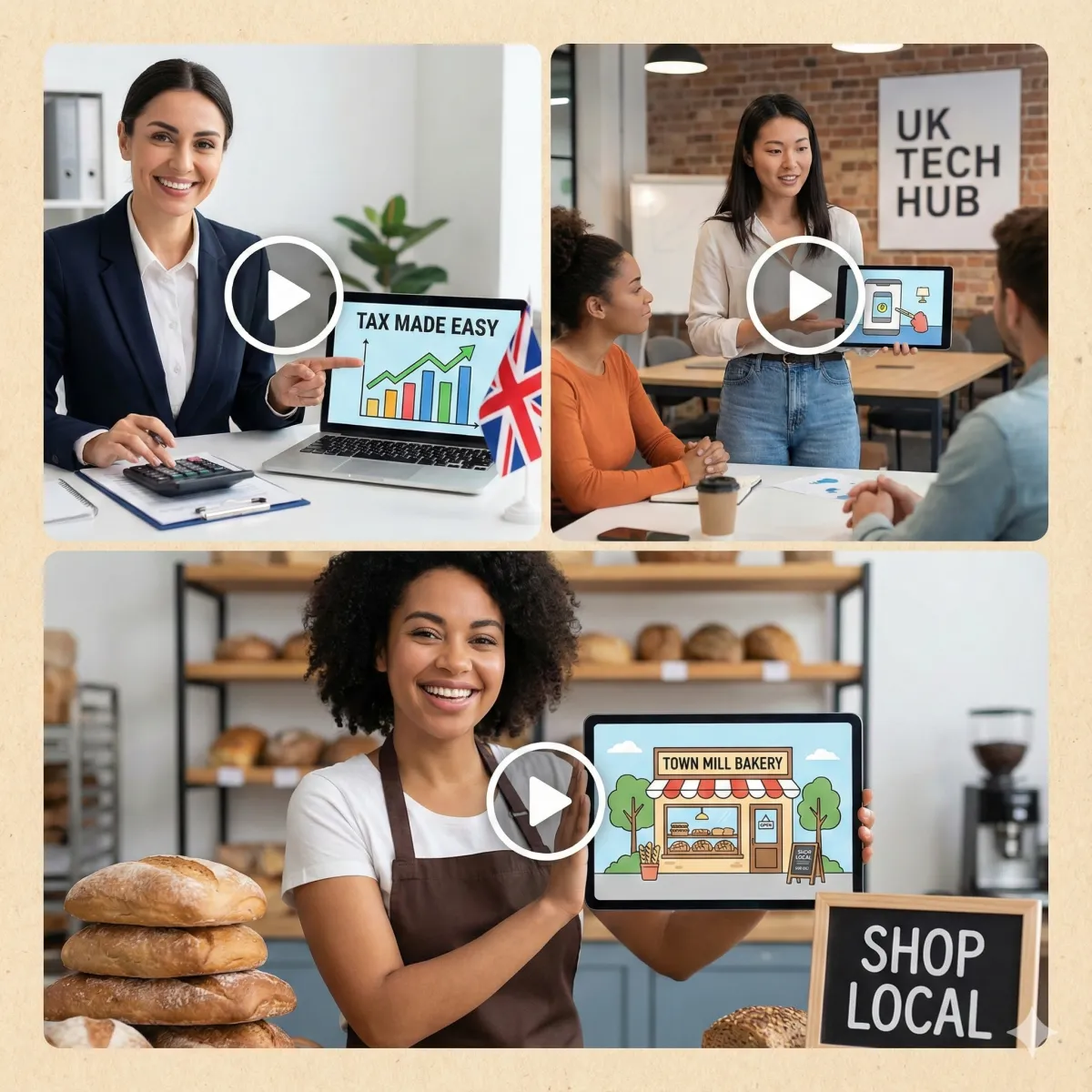 A collage of professionals who benefit from an animated video service: an accountant, a startup founder, and a local business owner.