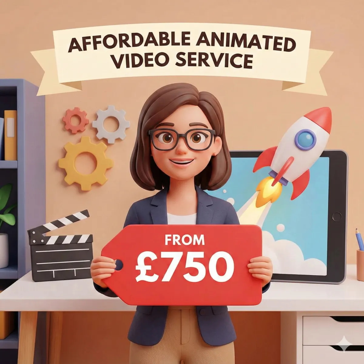 An animated character holding a price tag, representing the affordable animated video service