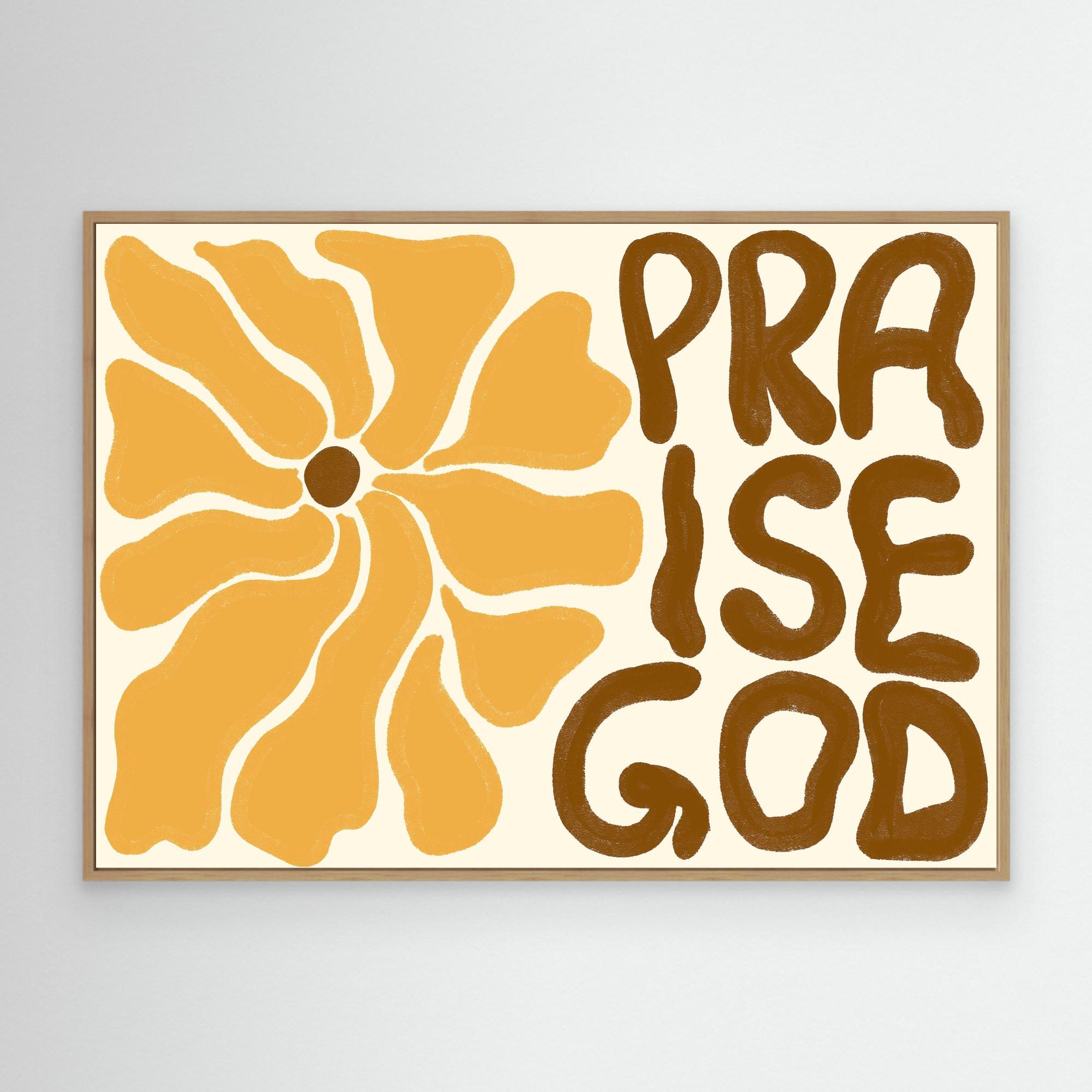 Praise God retro floral Christian framed pop art with mustard flower and brown lettering