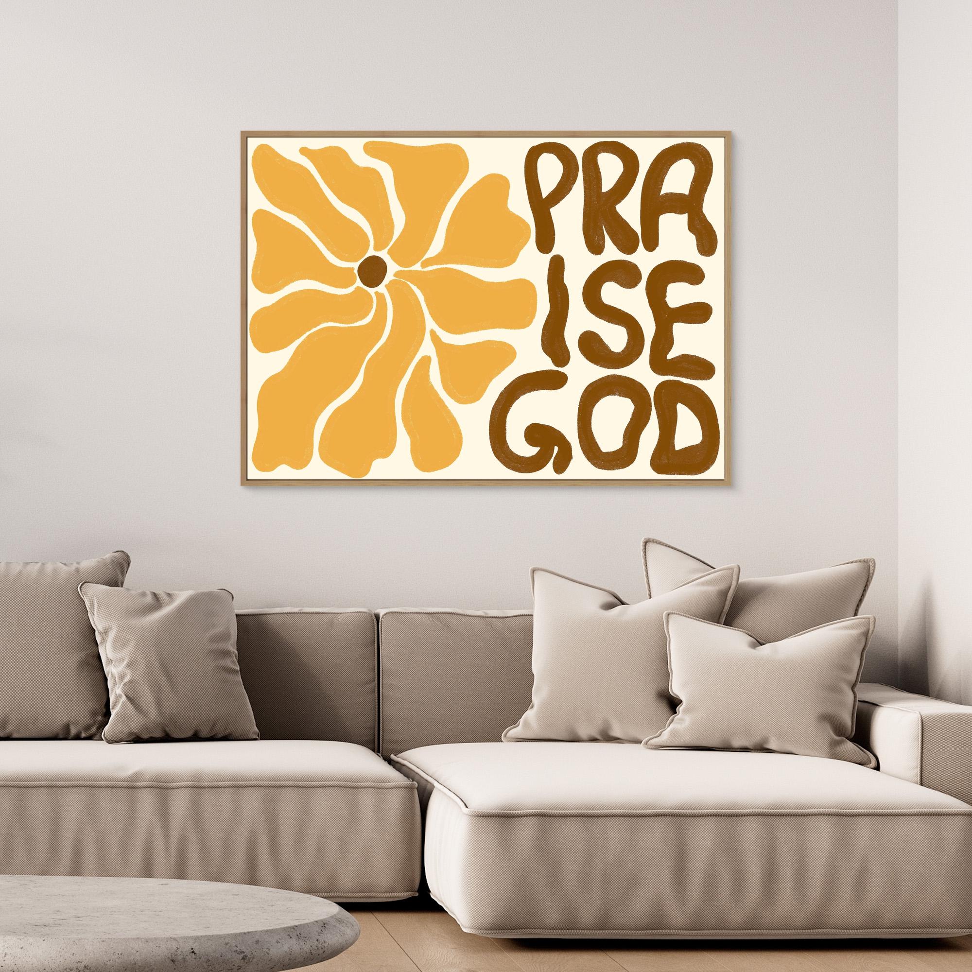 Praise God retro floral Christian framed pop art with mustard flower and brown lettering