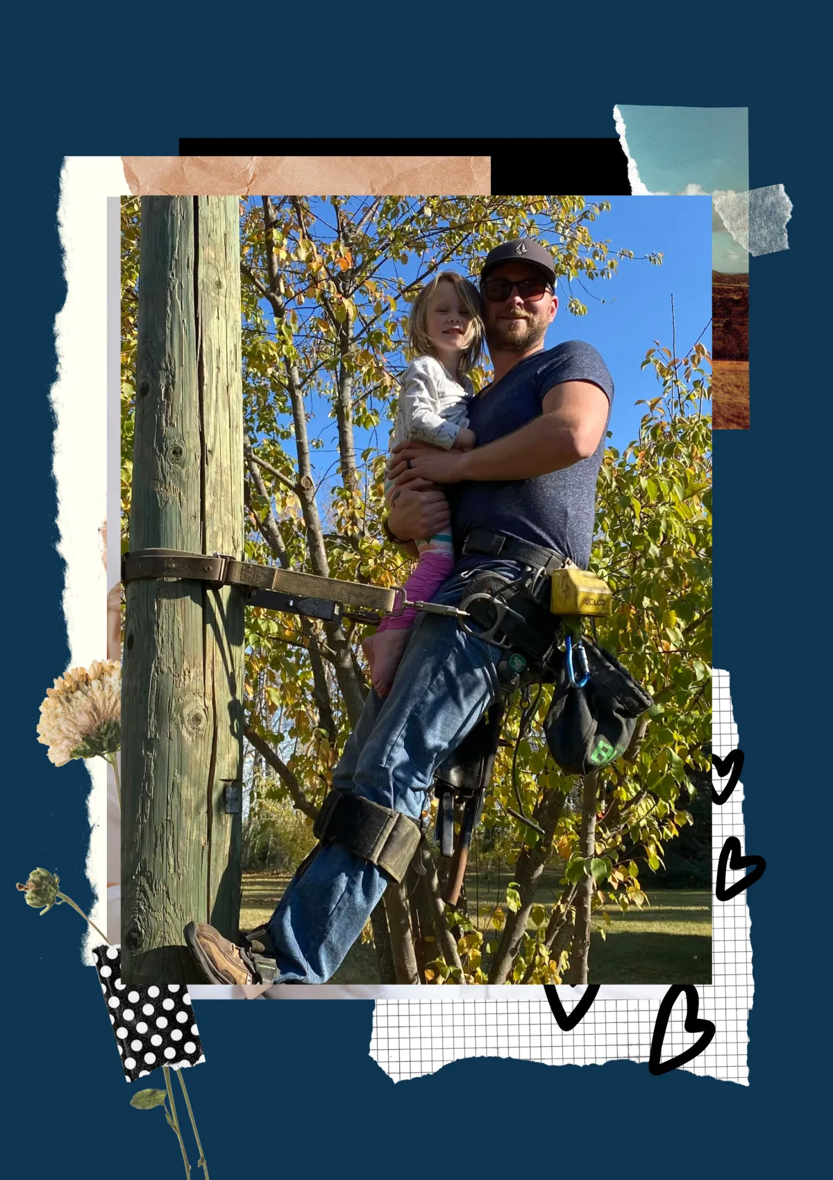 Mitch Pedersen holding his daughter while working as a powerline technician, representing his transition from trades to building long-term wealth through real estate investing and cash-flowing assets.