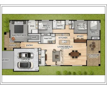 Premium Floor plan in Colour with separate rooms and textures.