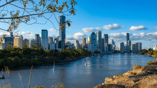 Shot of brisbane city on a clear day with blue skies.