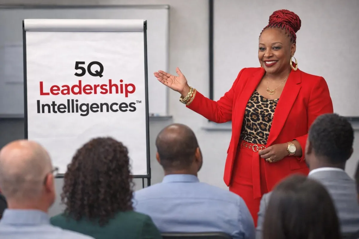 Diverse business team in a modern boardroom led by a senior executive presenting leadership development strategy on a digital screen.