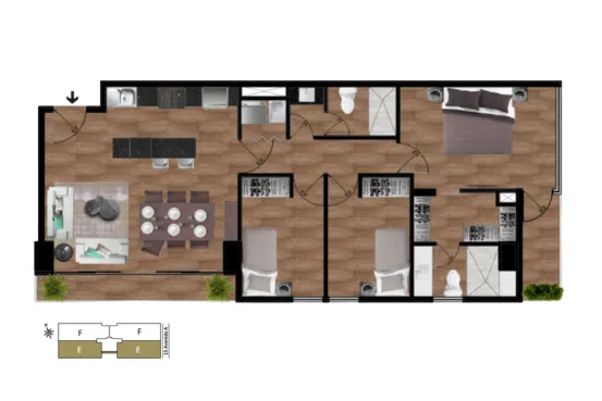 a bedroom with a bed and a chair in a room