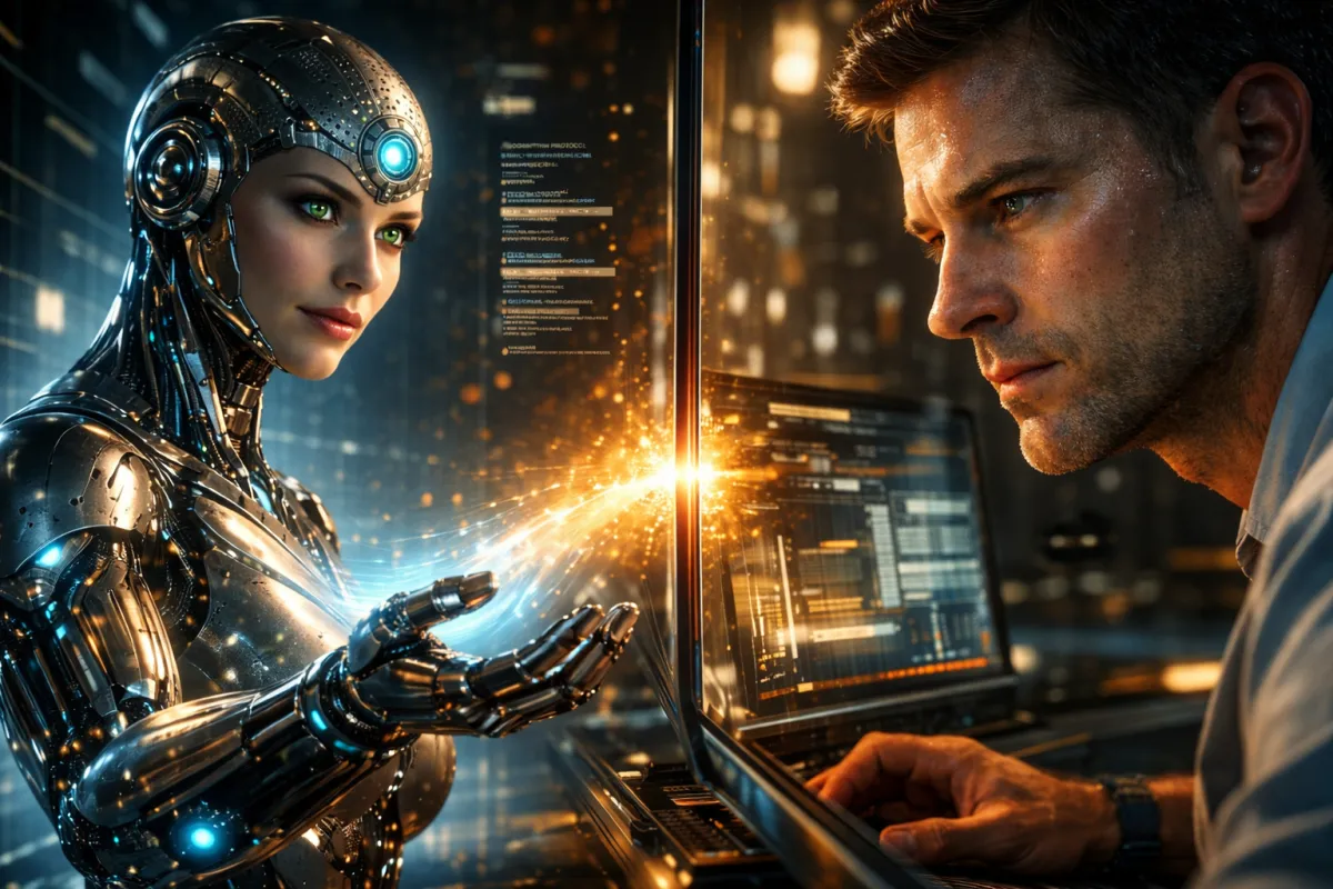 "A futuristic female AI entity transferring a glowing stream of data to a human technical support agent, illustrating a seamless AI-to-human context brief handoff by All City Marketing."