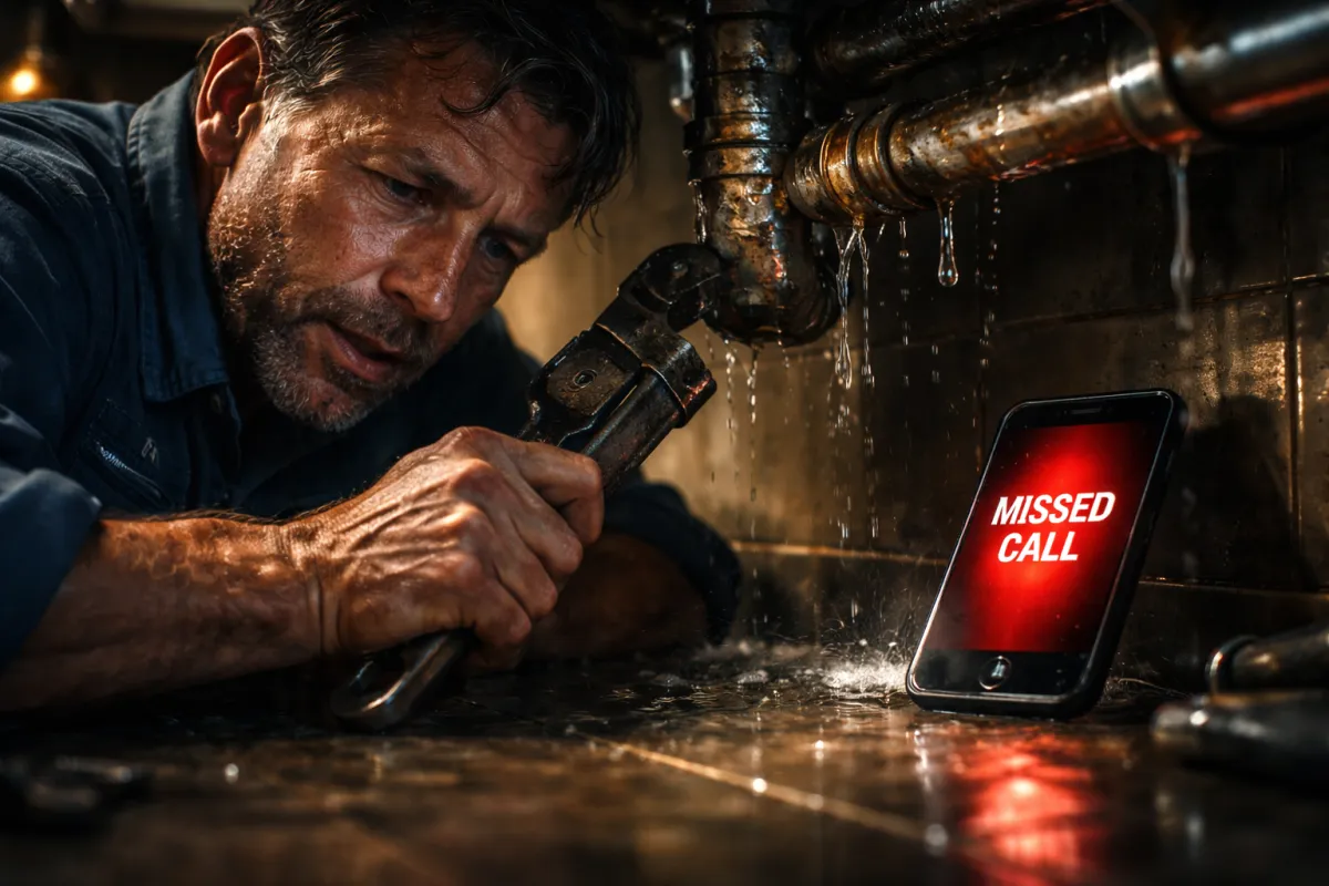 "Professional plumber repairing a leaking pipe while a smartphone displays a 'Missed Call' notification, symbolizing the $124,800 annual revenue leak that All City Marketing's AI voice automation recovers for home service businesses."