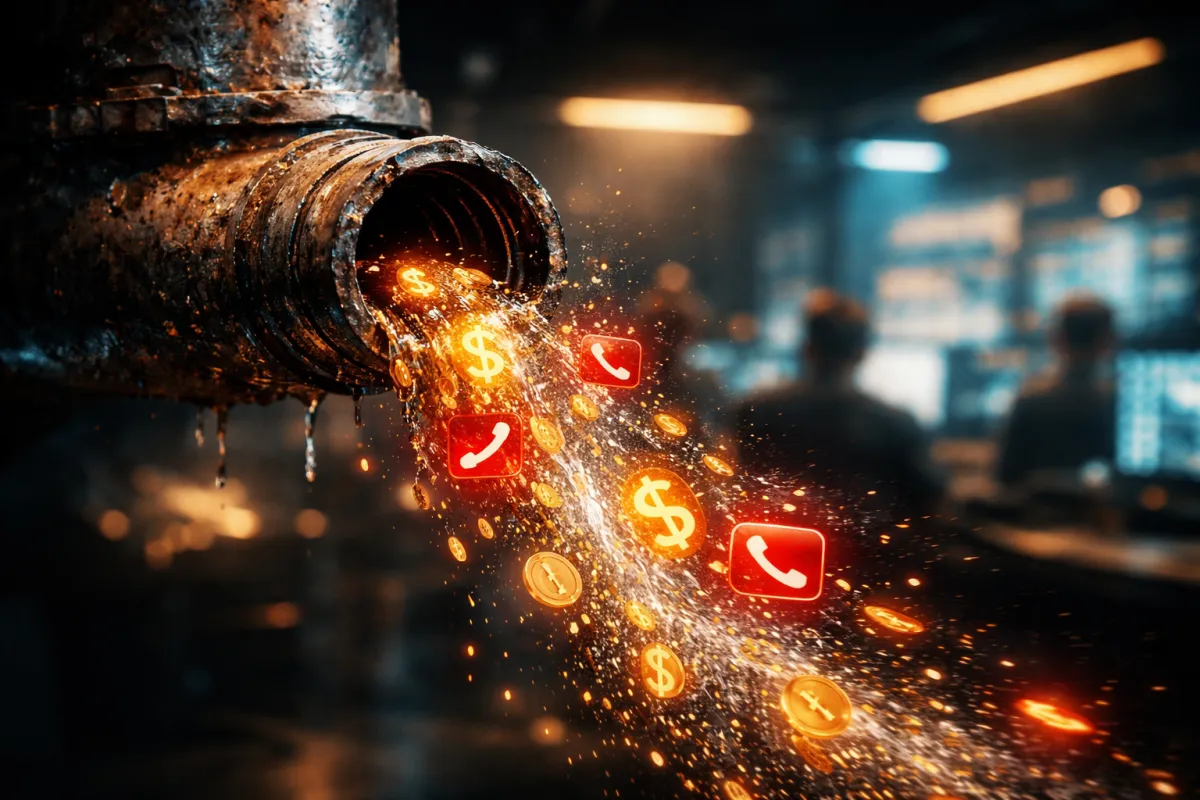 Cinematic 3D visualization of a digital plumbing leak with glowing currency icons and ServiceTitan data streams, representing $450,000 in lost annual revenue for mid-size plumbing fleets.