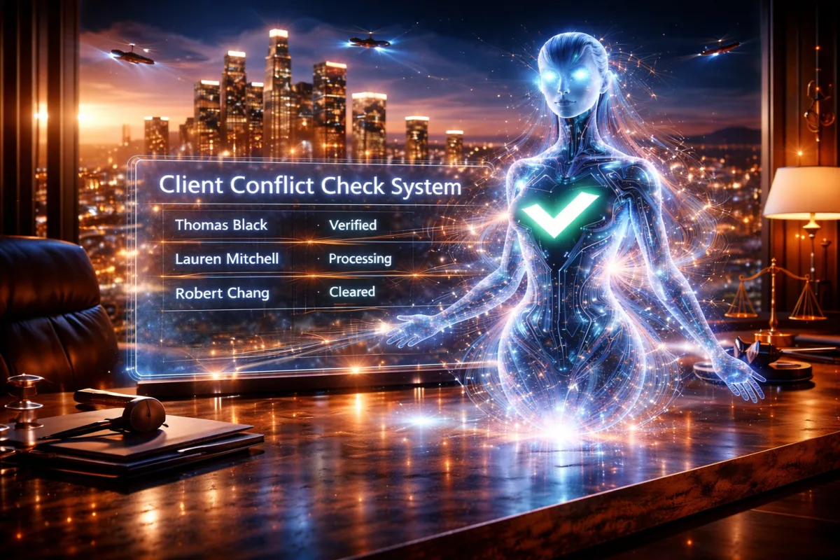 "Holographic AI interface performing an automated conflict check in a legal office with a green verified status."