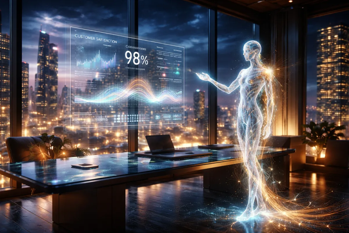  "A futuristic office setting featuring a translucent, glowing AI humanoid entity presenting a digital dashboard with a 98% customer satisfaction metric, overlooking a high-tech city skyline at night."