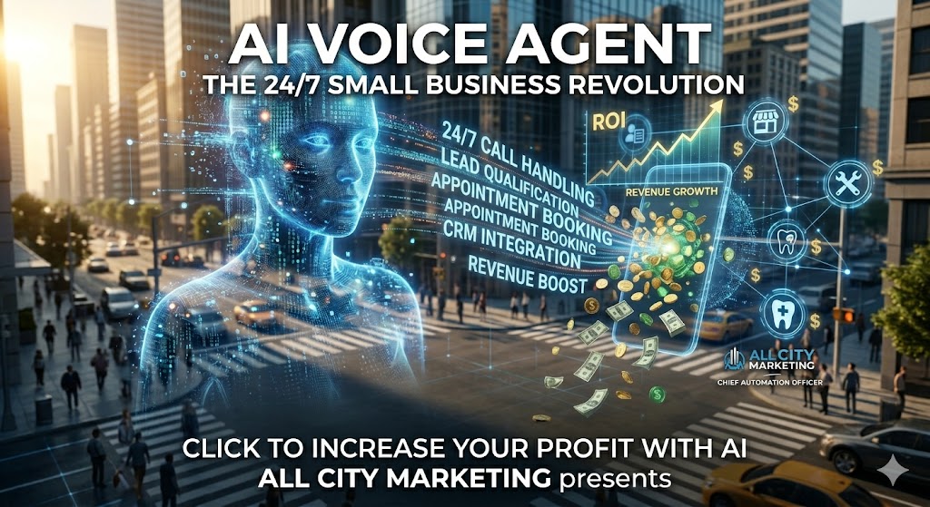 "Promotional graphic for All City Marketing featuring a futuristic digital human figure in a city landscape, representing an AI Voice Agent. The image includes text overlays: 'AI VOICE AGENT: THE 24/7 SMALL BUSINESS REVOLUTION' and highlights services such as 24/7 Call Handling, Lead Qualification, Appointment Booking, and CRM Integration, with a call to action to 'Click to increase your profit with AI.'"