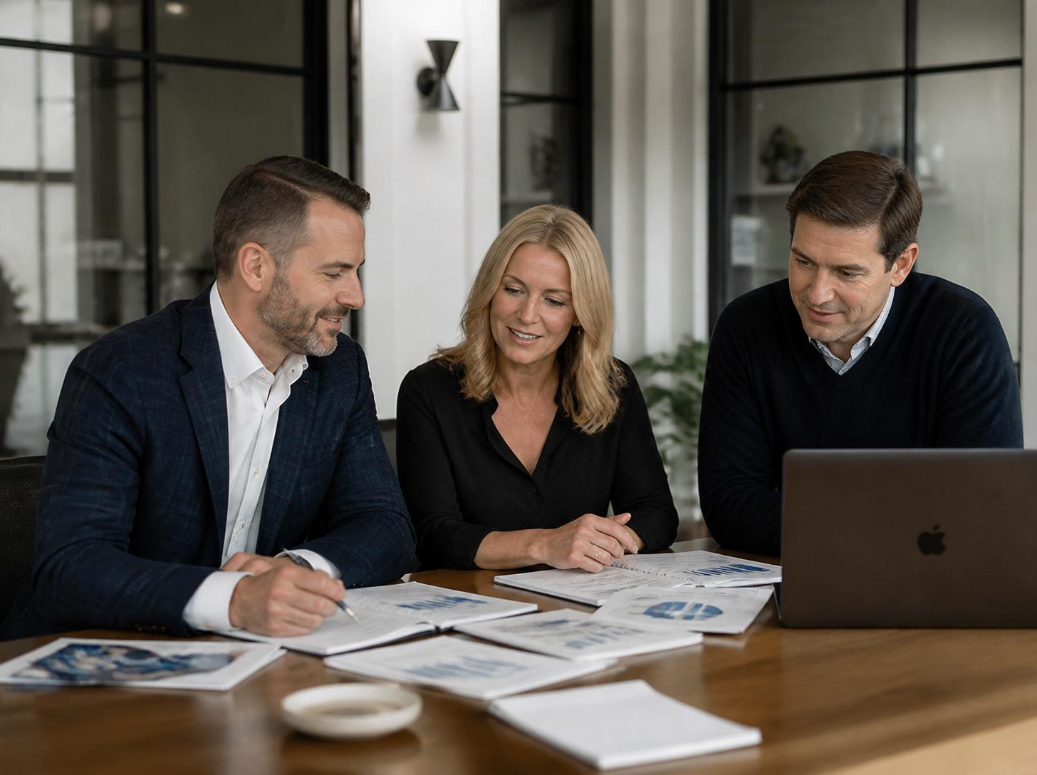Marketing and sales consultant discussing business reports and projections with two small business owners