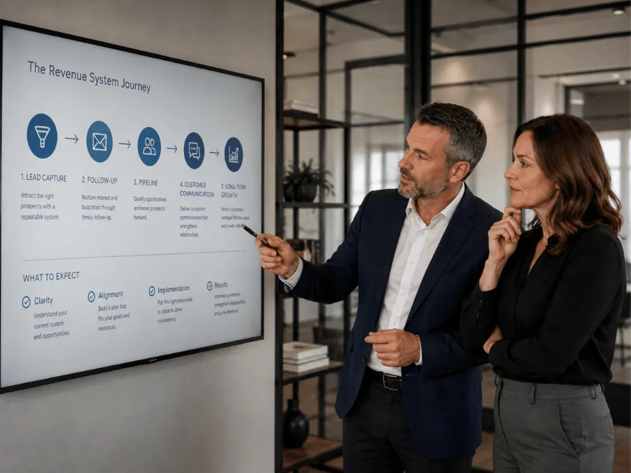 Go to market consultant reviewing plan for revenue system journey with business consultant