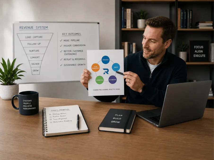 Revenue System Consultant holding a piece of paper illustrating a basic revenue system model