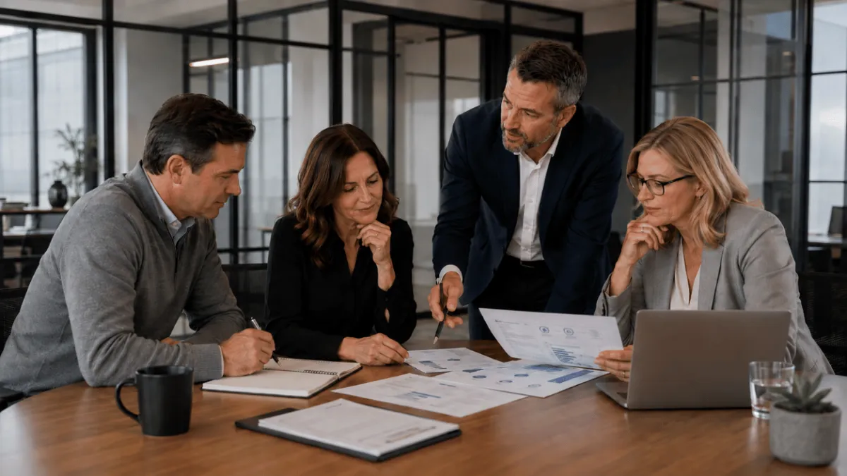 Go to market consultant leading discussion about how to grow his client's business with three business executives