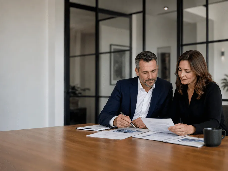 Marketing consultant reviewing revenue performance data and proposed strategies with business owner