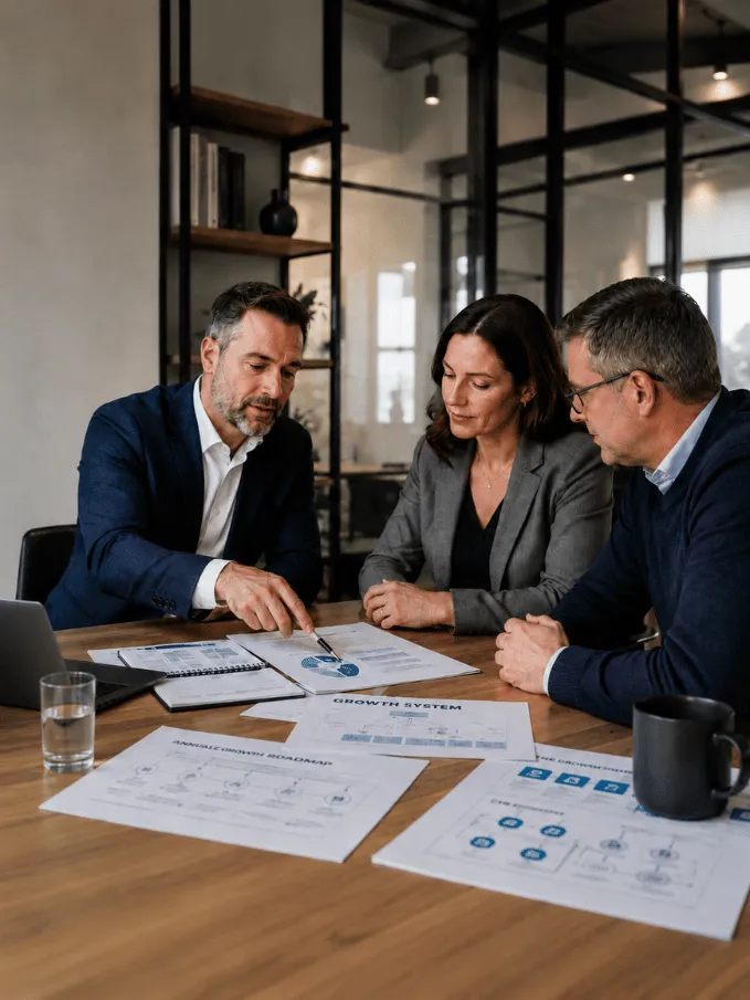 Consultant reviewing go to market plans with small business owners at conference table
