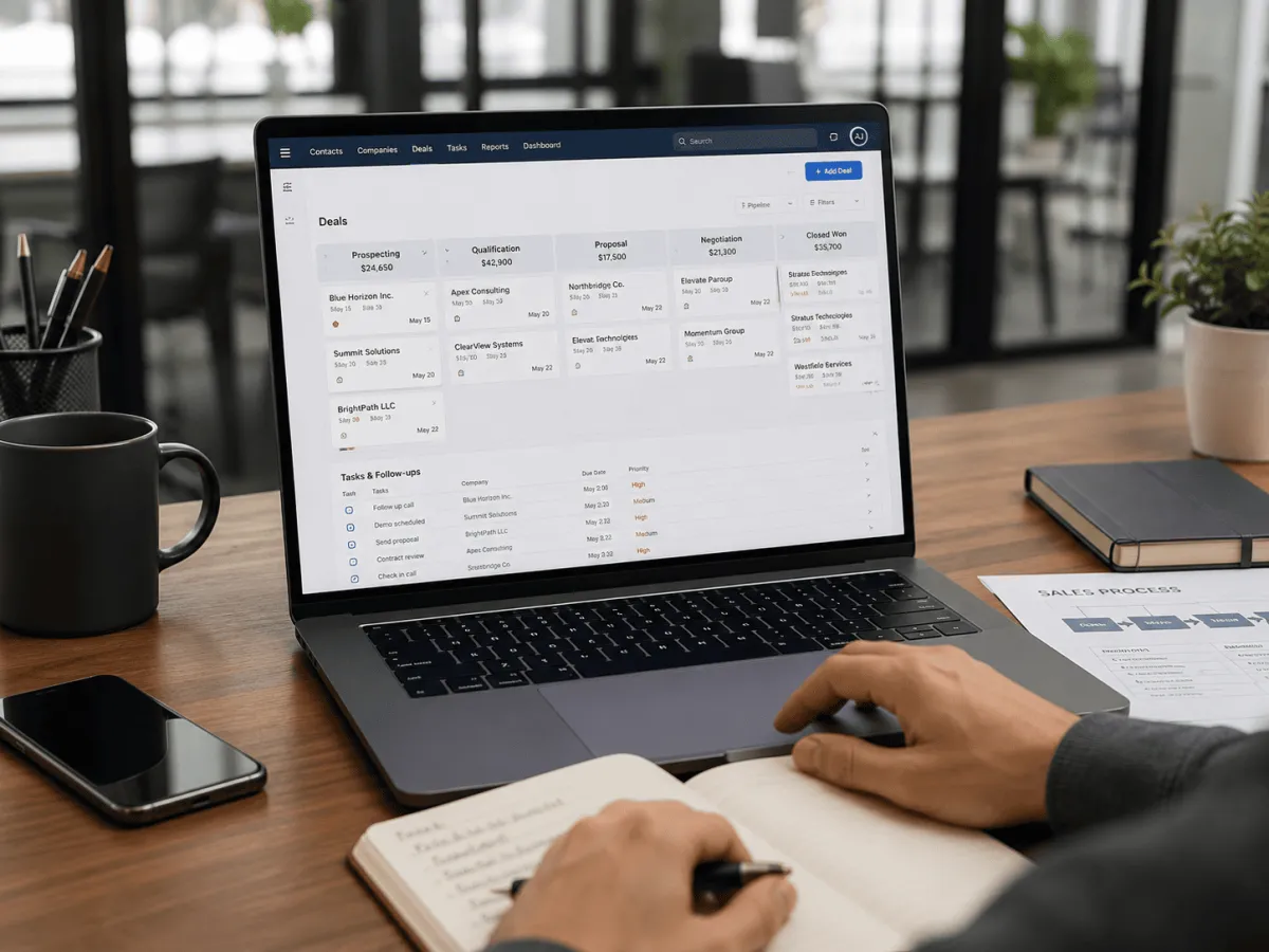 Man reviewing CRM data at desk