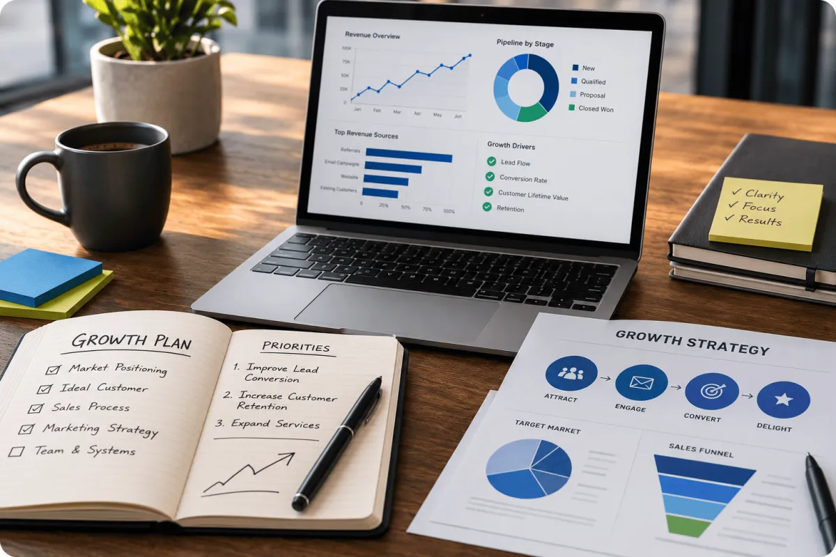 Modern workspace containing computer with revenue reports, notebook with business growth plan action items, and growth strategy print out reports