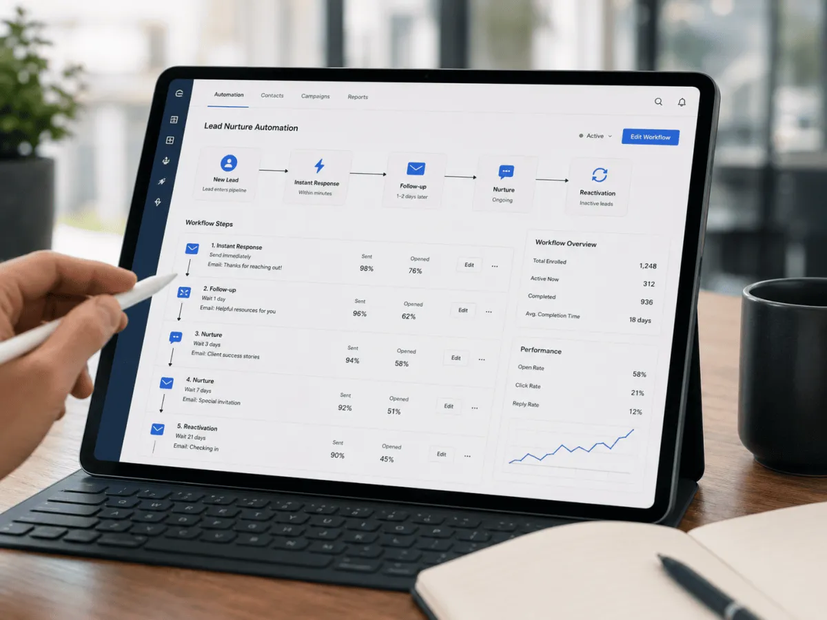 Tablet with digital marketing automation campaign data on screen