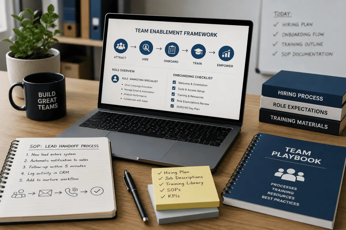 Modern workspace containing laptop with various materials about team enablement handbook and processes
