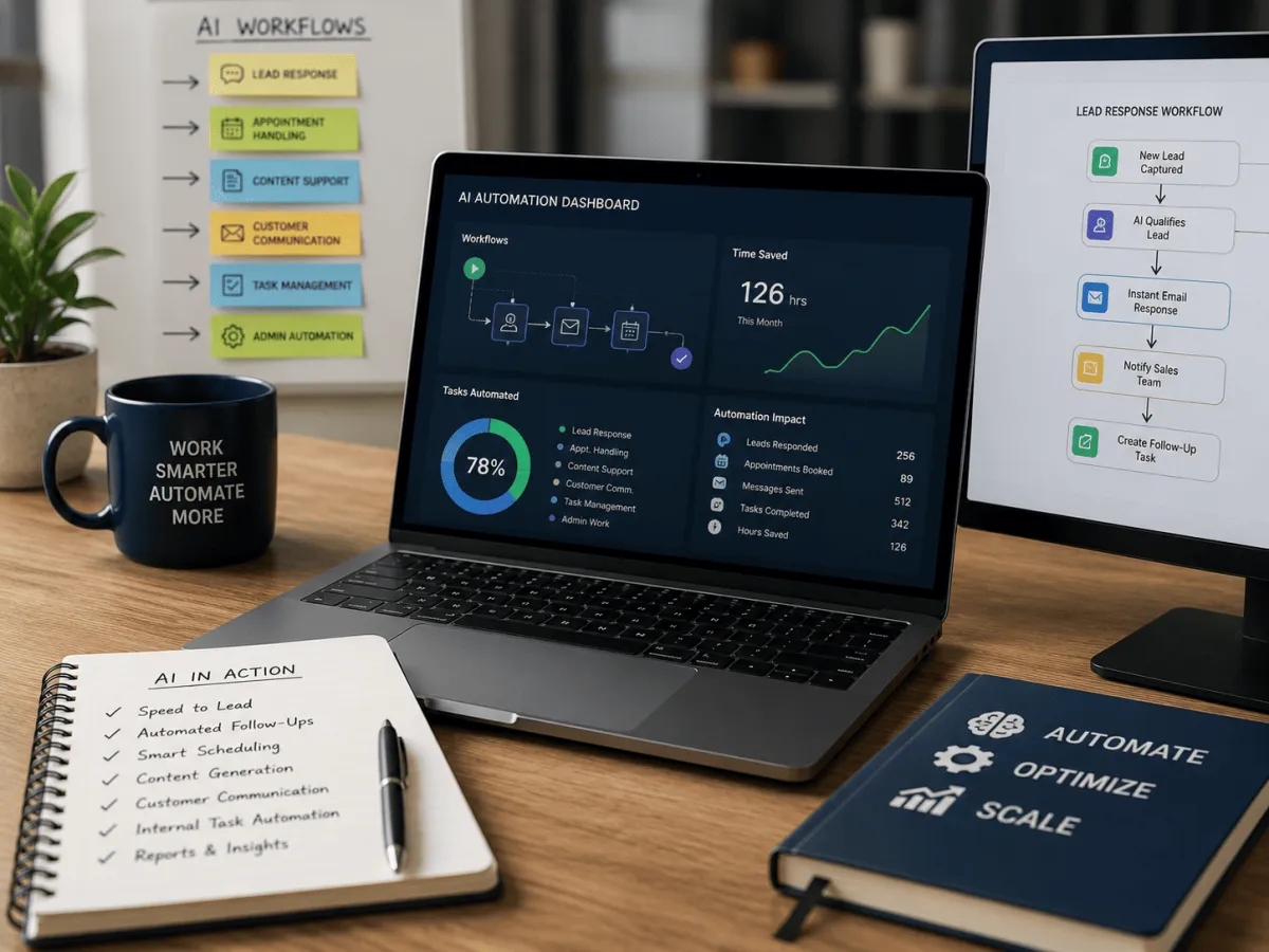 Modern workspace containing computer screens with AI workflow process automation data and two notebooks with AI planning information
