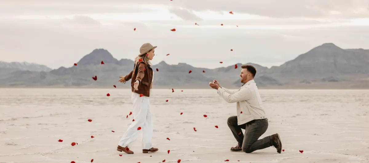 Bonneville Salt Flats proposal with mirror reflection and endless white landscape