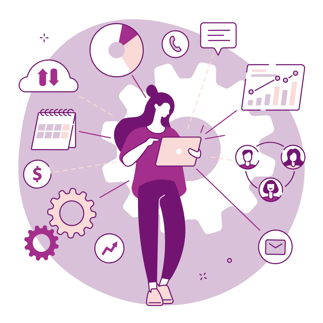 Illustration of a woman holding a laptop and planning a marketing strategy.