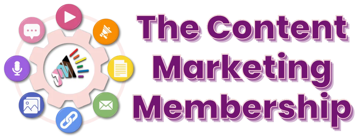 The Content Marketing Membership. A gear has the Just Marketing® logo in the center. Icons representing different content types surround the gear: video, audio written, email, links, images, social media, etc.