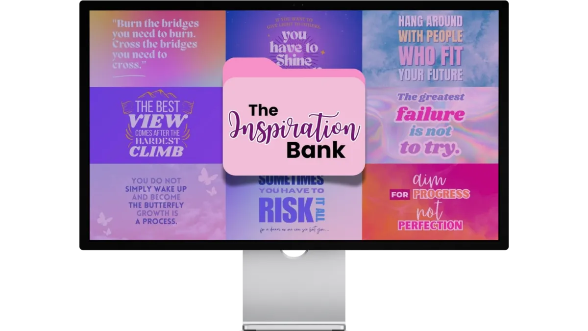 The Inspiration Bank. 8 examples of quotes are also pictured on the mockup displayed in a computer monitor.