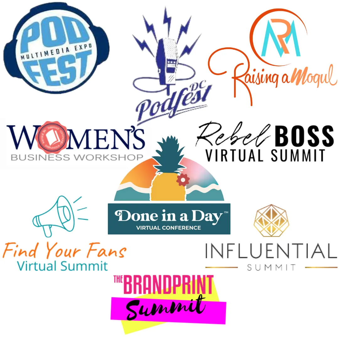 Stages where Meg has spoken: PodFest, DC PodFest, Raising a Mogul, Woman's Business Workshop, Rebel Boss Virtual Summit, Done in a Day Virtual Summit, Find Your Fans Virtual Summit, Influential Summit, and The Brandprint Summit