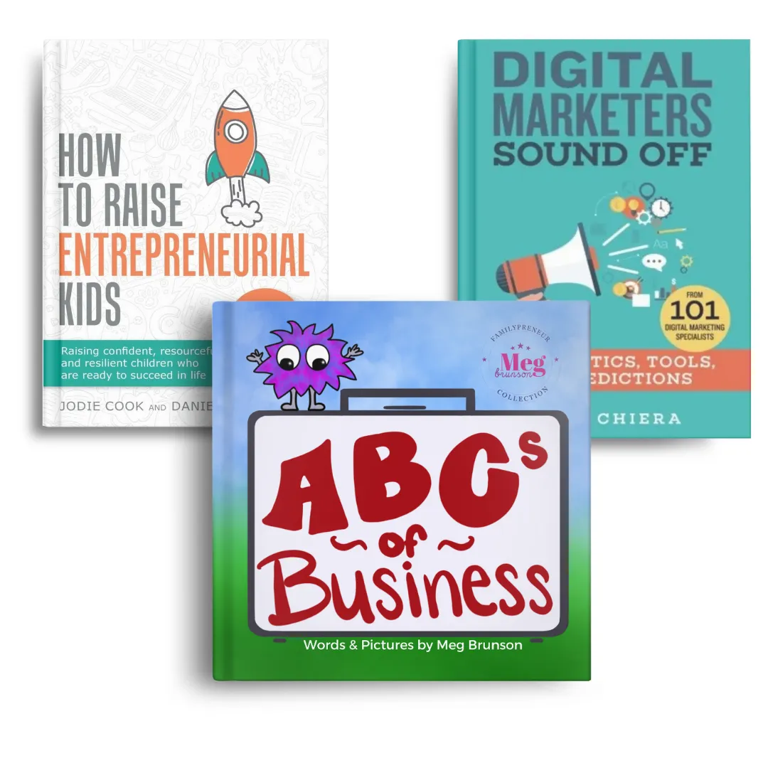 Books Meg has written or been featured in: How to Raise Entrepreneurial Kids, Digital Marketers Sound Off, and ABCs of Business