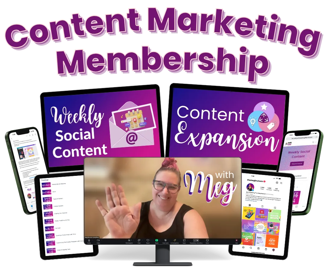 Content Marketing Membership. Mockup features A monitor with Meg waving on a Zoom all. Behind her are two monitors with Weekly Social Content and Content Expansion depicted. Two phones and two tablets also show the membership area, an email, training courses, and an example of an Instagram 9-grid made with our templates.