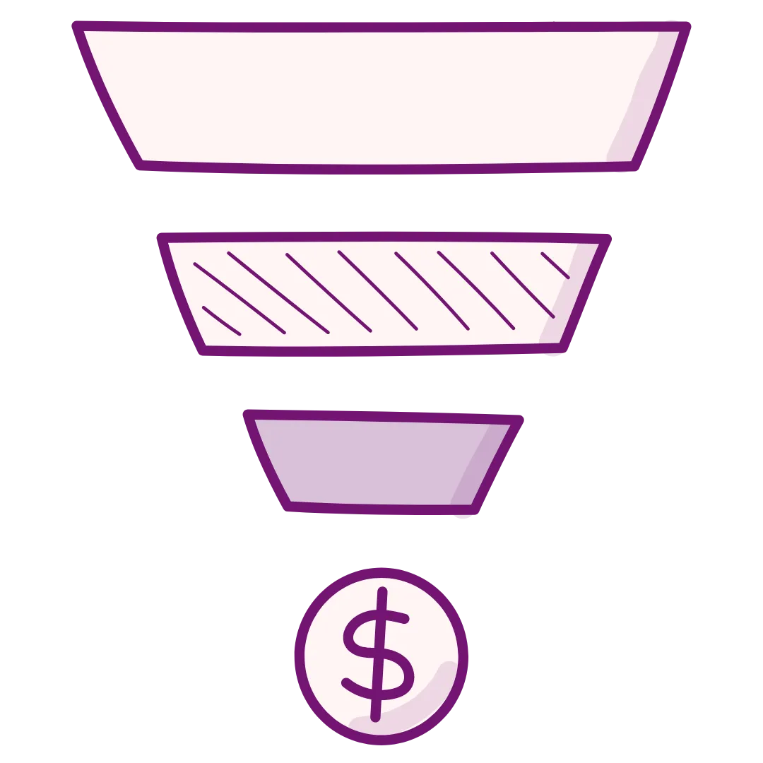 Illustration of a 3-step marketing funnel that results in profit. Representing "your offer build"