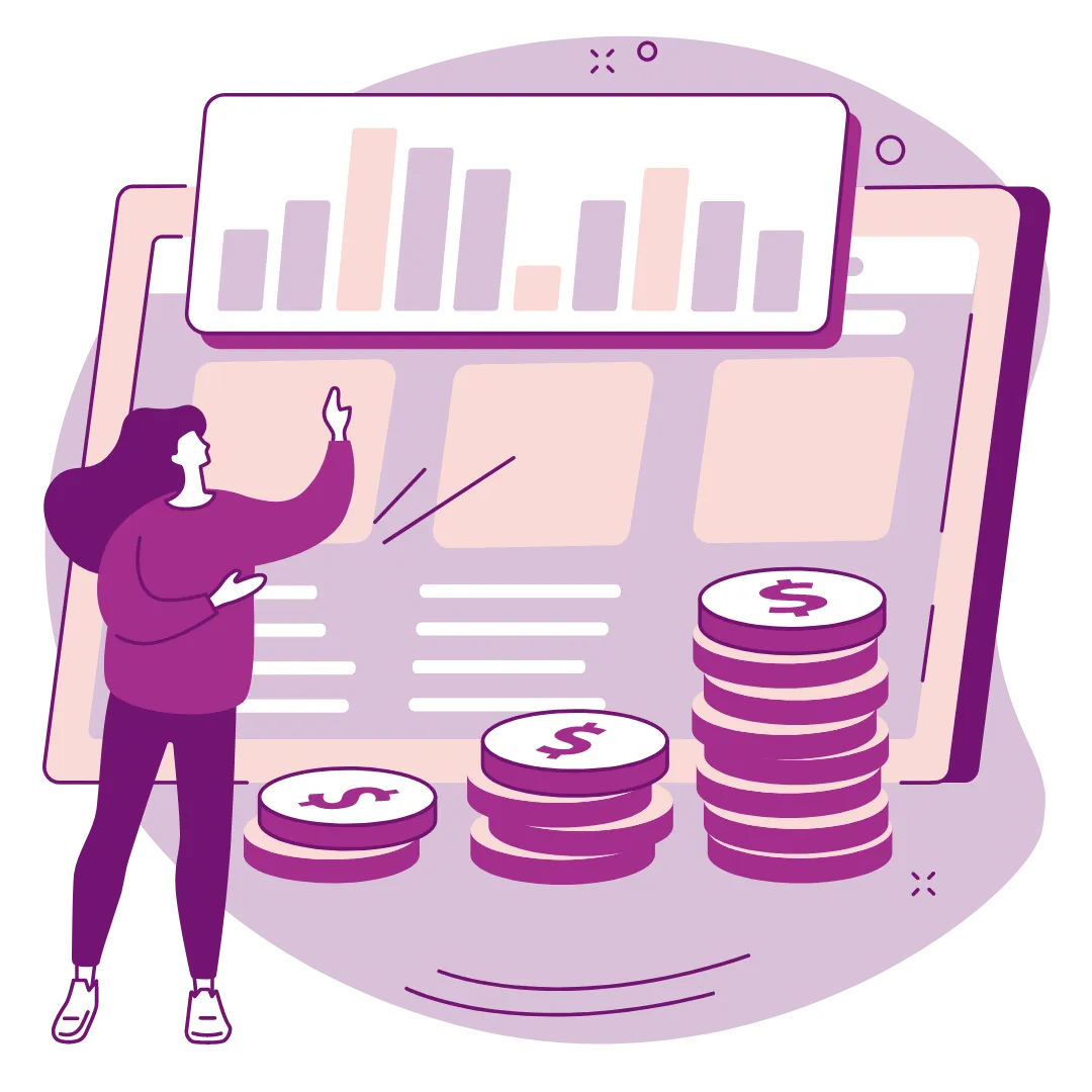 An illustration of a person managing paid ads. Looking at data and making money