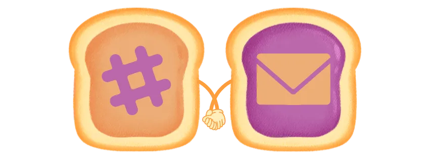 A piece of bread with peanut butter on it, and a jelly hashtag, holds hands with a piece of bread with jelly spread on it and a peanut butter email.