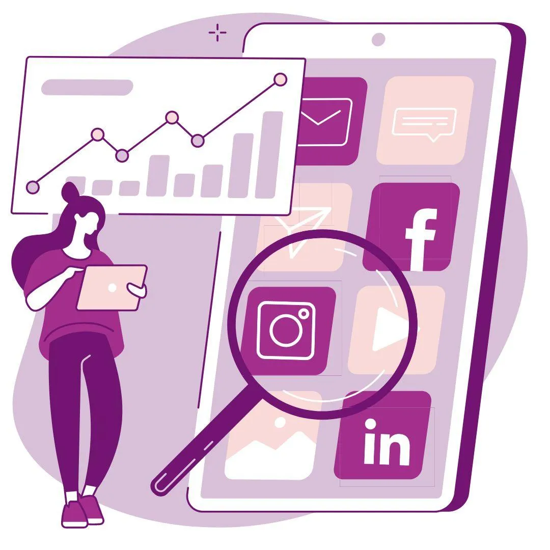 Illustration of a person auditing social media apps with a magnifying glass.