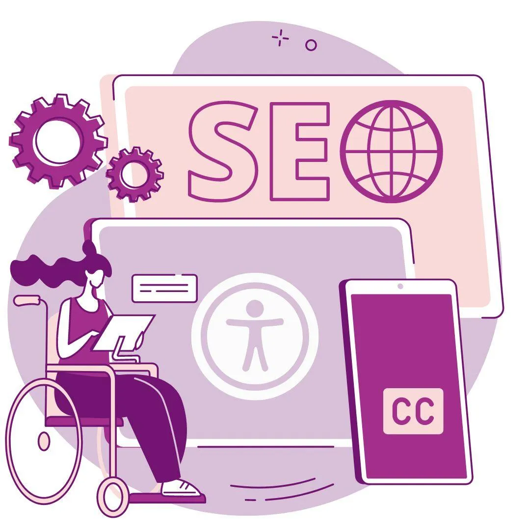 Illustration of a person sitting in a wheelchair with a laptop, auditing a website for SEO and accessibility.