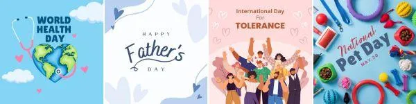 Four celebration and awareness-themed illustrations in a row:  'World Health Day' with a stethoscope wrapped around Earth, surrounded by pink hearts and clouds on a blue background.  'Happy Father’s Day' in elegant script on a light background with abstract blue and gray heart shapes.  'International Day for Tolerance' showing a diverse group of people celebrating together with raised arms and hearts.  'National Pet Day – April 11' with pet toys, accessories, and treats arranged on a bright blue background.