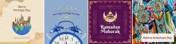 Four holiday and observance-themed illustrations in a row:  'World Heritage Day' with global landmarks atop a globe and the caption 'Together our cultural diversity promotes peace and unity.'  'Fall Back – Don’t forget to change your clock 1 hour' with a blue alarm clock and arrows indicating the time change.  'Ramadan Mubarak' on a deep purple background with a golden crescent moon, mosque, and lantern decorations.  'Native American Day' with a close-up of colorful, traditional Native American regalia featuring beadwork and feathers.