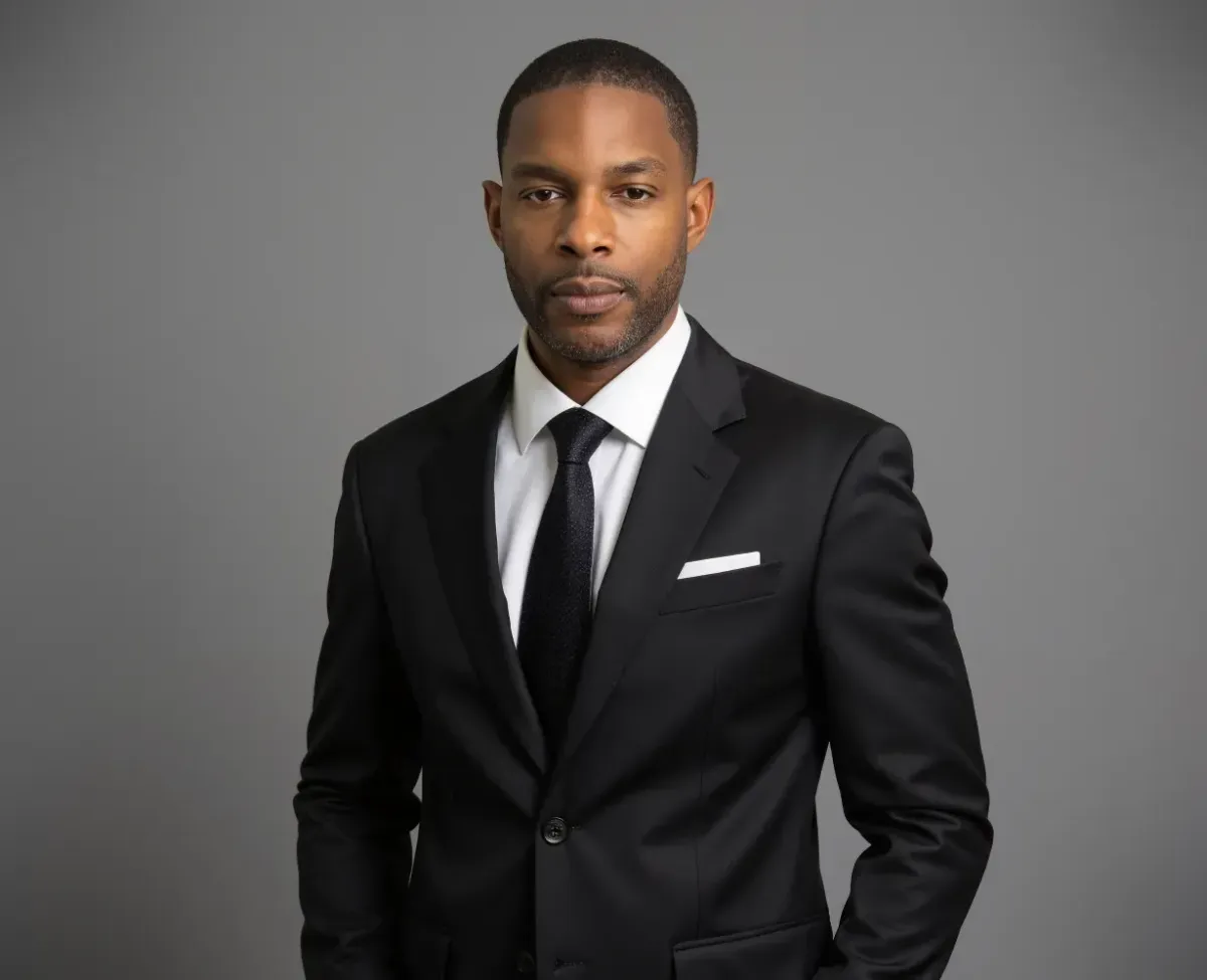 Professional man in a black suit and tie, exuding confidence, representing high-net-worth financial advisory services for elite professionals.