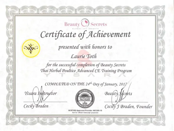 Laurie Toth's Thai Herbal Poultice Advanced CE Training Program Certificate