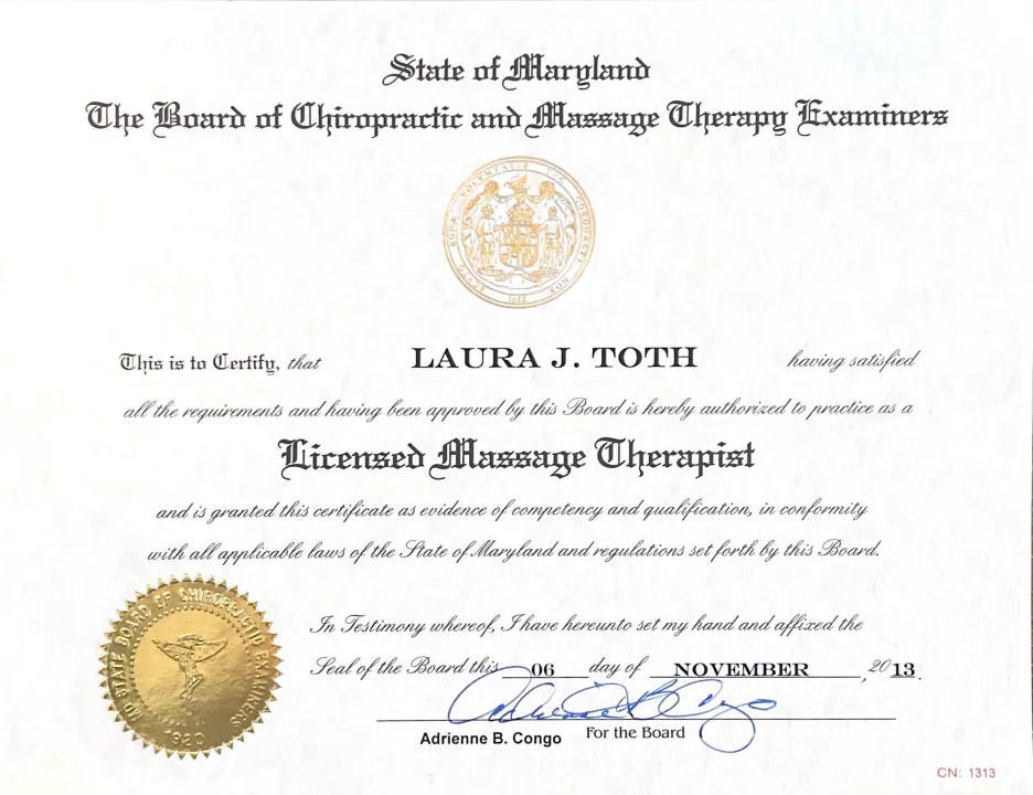 Laurie Toth's Massage Therapist License (Maryland)