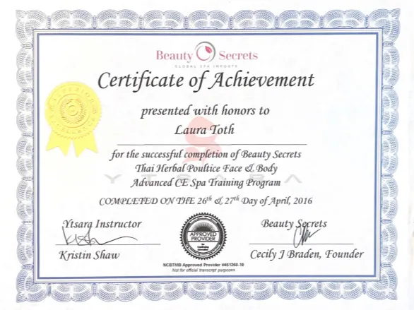 Laurie Toth's Thai Herbal Poultice Face and Body Advanced CE Training Program Certificate