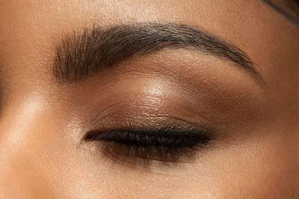 Closeup on a closed eye with gorgeous brow shaping, lashes and shadow.