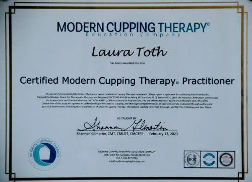 Laurie Toth's Certified Modern Cupping Therapy Practitioner Certificate