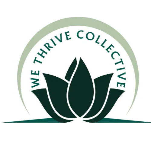 We Thrive Collective logo featuring a stylized leaf inside a circle, with bold text curving above and below. Symbolizes sustainable growth, alignment, and collective support for entrepreneurs.