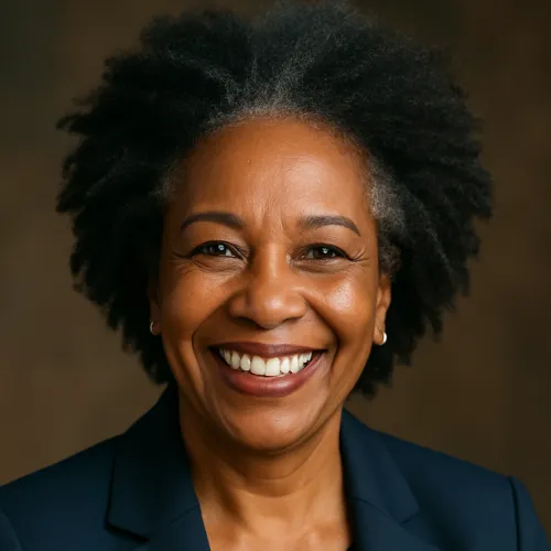 Professional headshot of a smiling Black woman in her 50s with natural hair, wearing a dark blazer. She is the Chief People Officer of a Dallas-based marketing agency, exuding warmth, confidence, and executive presence.