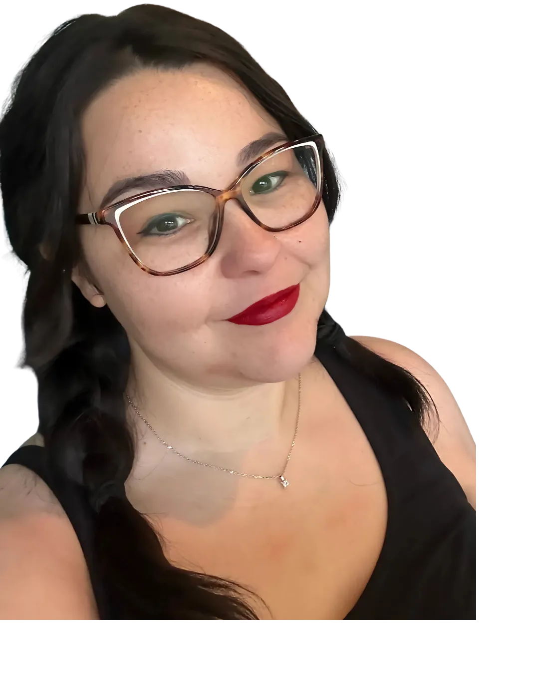 “Smiling woman with dark braided hair, red lipstick, and cat-eye glasses, wearing a black tank top and a delicate necklace. She is the founder of We Thrive Collective.”