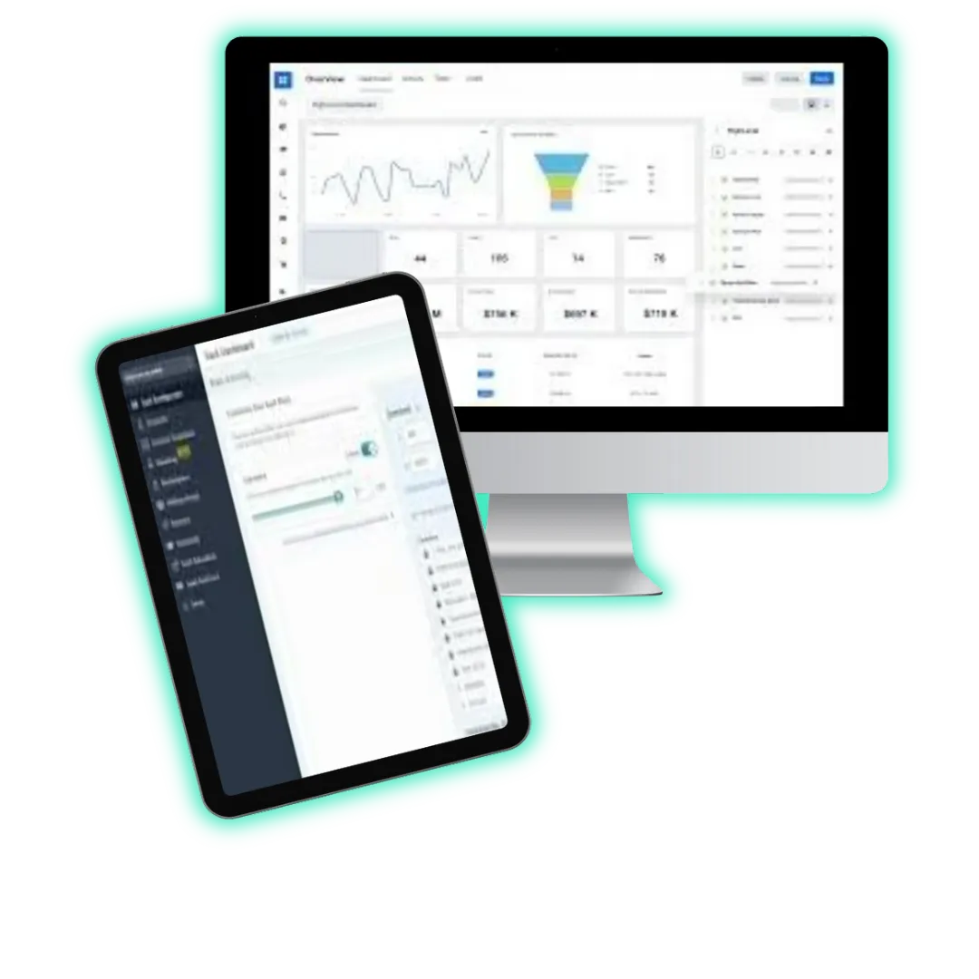 “All-in-one business dashboard view on tablet and desktop, showcasing automation workflows and client funnels powered by Soleila.io — high-converting, soulful systems for coaches and creatives.”
